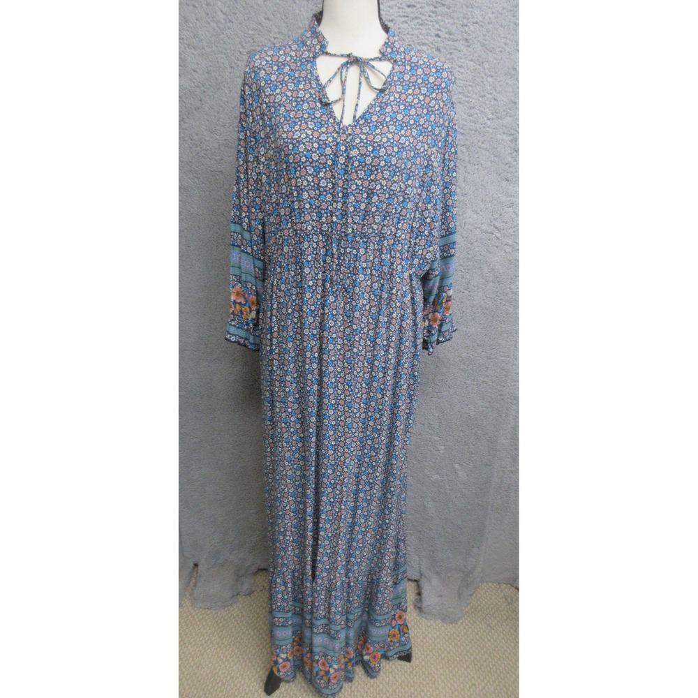 Floral Boho Maxi Dress Womens 3XL Blue Print Bell Ruffle Sleeve Cottagecore Folk